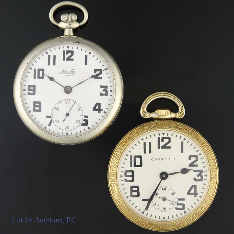 Lonville Extra & Caravelle Pocket Watches: Lonville Extra pocket watch. 17 jewels movement. Approximately 49.5mm diameter. Watch is running but has not been tested for accuracy or power reserve *** Caravelle by Bulova Art Deco pocket watch. Sw
