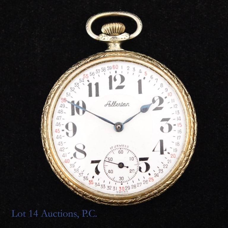 Allerton A. Hirsch Watch Co. Pocket Watch: Allerton A. Hirsch Watch Co. pocket watch. Gold plated case, approximately 49mm diameter. Swiss made. Watch is running but has not been tested for accuracy or power reserve. Per consigner, watch was s