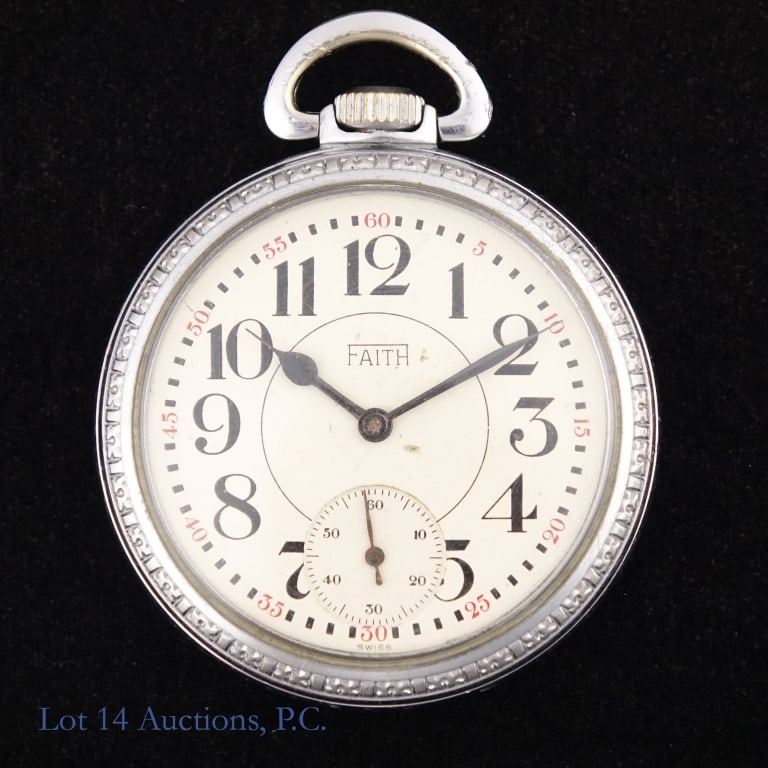 Faith Art Deco RailRoad Style Pocket Watch: Faith Art Deco railroad style pocket watch. 17 jewel movement. Approximately 51.5mm diameter. Swiss made. Watch is running but has not been tested for accuracy or power reserve.