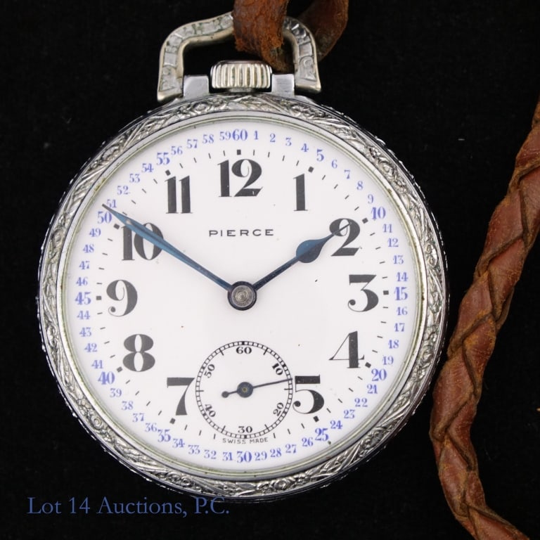Vintage Pierce Pocket Watch: Vintage Pierce pocket watch. 17 jewel movement. Outer 60 minutes blue dial. Swiss made. Approximately 48.5mm case diameter. Watch is running but has not been tested for accuracy or power reserve.