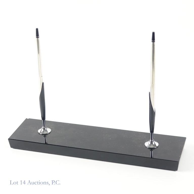 Cross Sterling Silver Double Pen Desk Set W Base: Vintage Cross double pen desk set. Sterling silver ballpoint pen and a mechanical pencil. Black marble base measuring approximately 11.25" X 3". Two small chips on the base.