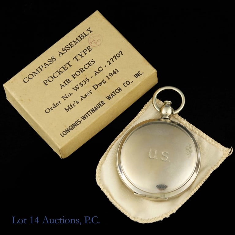 WWII Longines-Wittnauer Air Forces Compass CIB: WWII era (1941) Longines-Wittnauer Pocket Compass. (Order No. W535 - AC - 27707; Mfr's Assy Dwg 1941). With original bag and box. Box seal only cut on one side. Compass is stamped "U.S.". Excellent