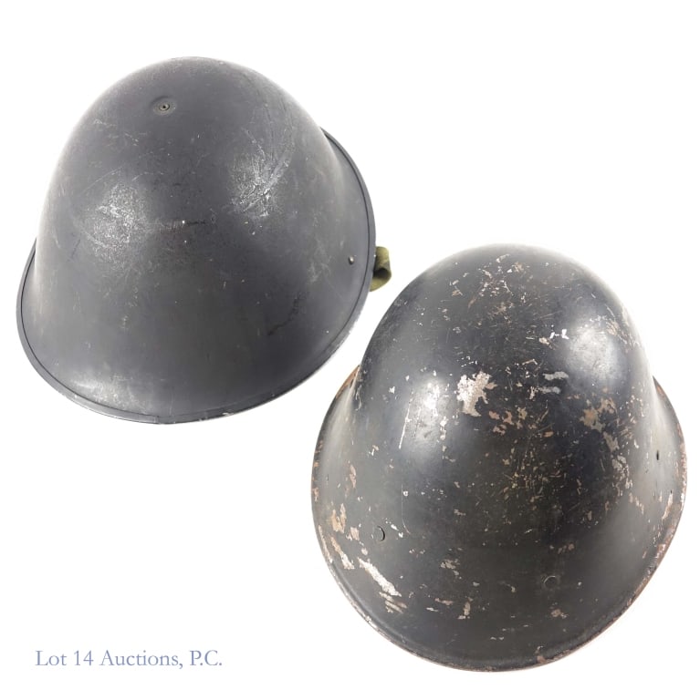 European Military Helmets (2): British Mk III military helmet (aka "Turtle helmet"). Late WWII or post-WWII. Chinstrap and padding present. Weight: 2.5 pounds (1.15 kg). Some light wear. ***** Possibly M1939 helmet (Dutch model),