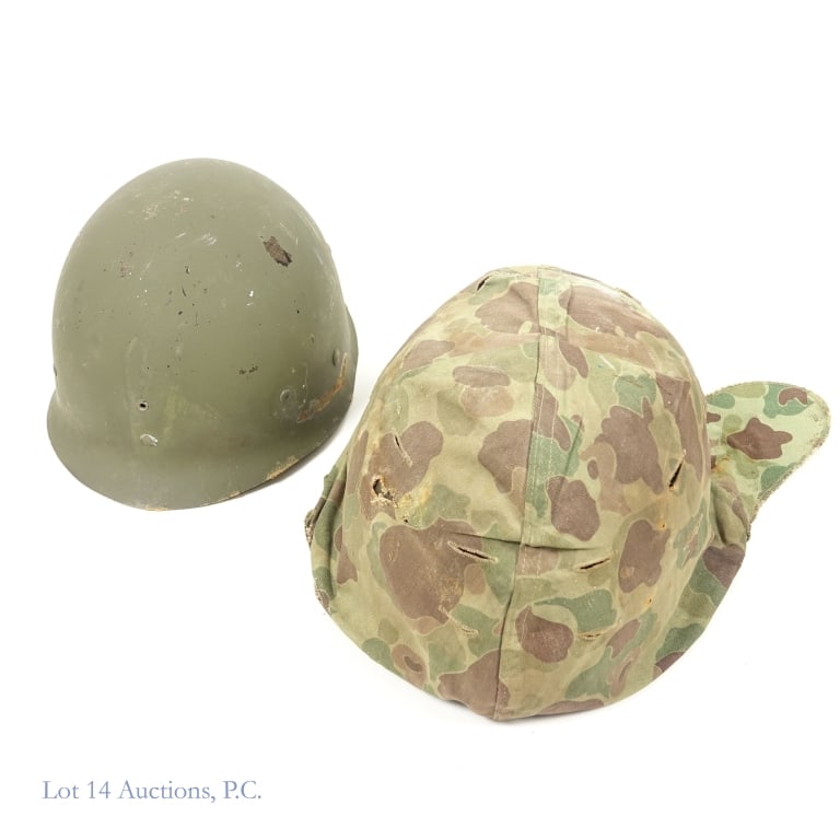 WWII US Marine Helmet, Liner, Cover: World War II United States Marine Corps helmet with inner liner and early camouflage cover. Cover has faded Eagle Globe Anchor stamp. Liner has herringbone twill inside. Inner strapping all appears to