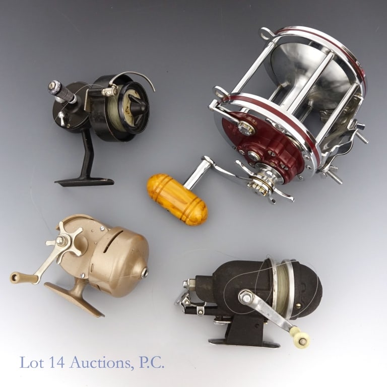 Vintage Fishing Reels, Shakespeare, Penn (4): 1 - Penn Senator 114 - H 6 / 0 high speed conventional fishing reel. 2 - Shakespeare push button Wondercast spincast 1773 reel. 3 - Ranger 33 Line Tamer spincast reel. 4 - Garcia Mitchell spinning