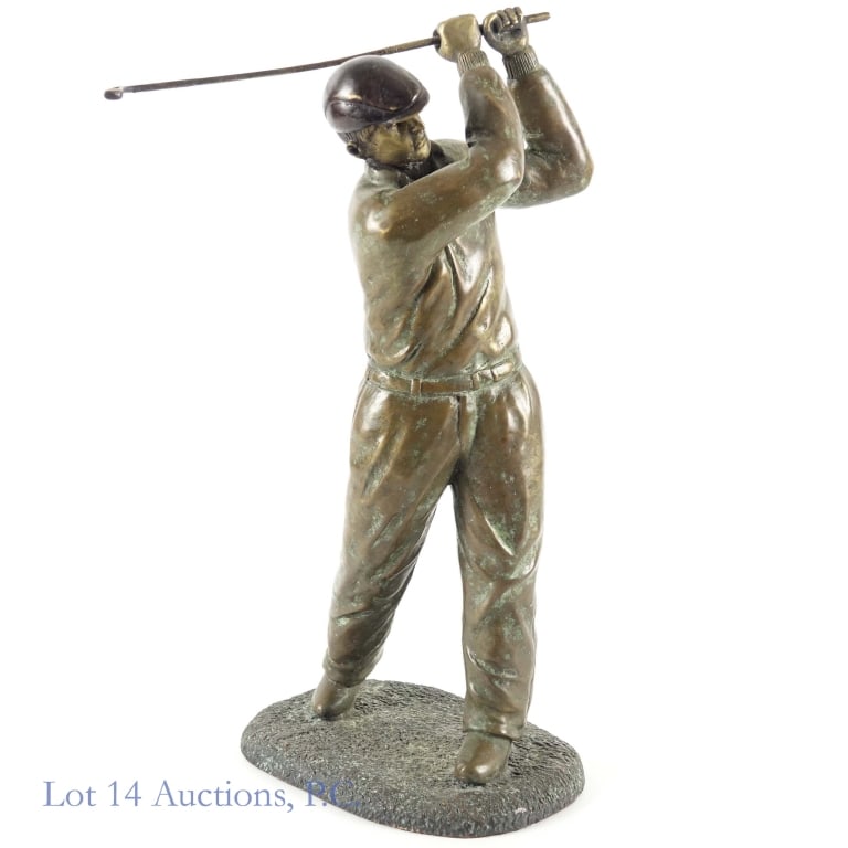 Maitland-Smith Bronze Golf Statue: Maitland-Smith hand crafted bronze of a golfer completing his swing. This sculpture was handcrafted in the Philippines and stands approximately 13 inches tall and weighs slightly more than 6 pounds.