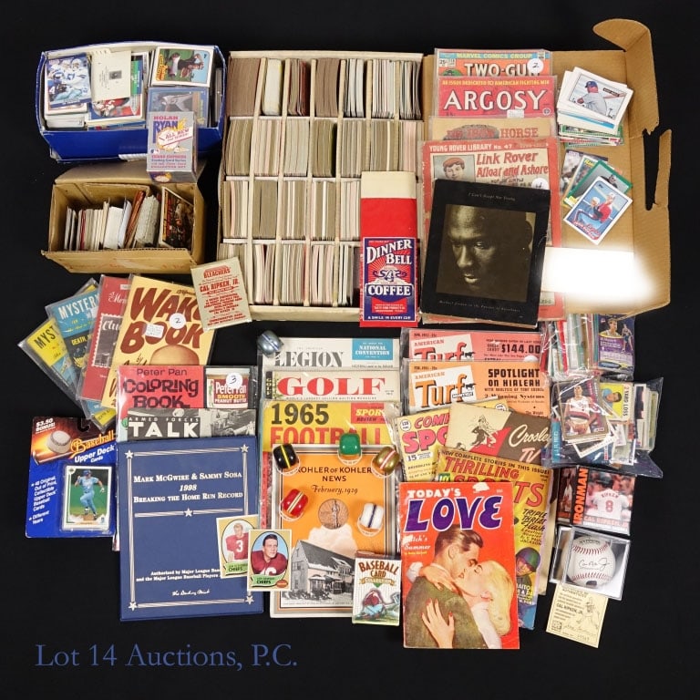 Uncle's Sports Cards & Ephemera: Collection of baseball cards, primarily from the late 1980's, as well as some gum ball machine type football helmets, a Michael Jordan Rare Air picture book in rough condition, a shoe box filled with