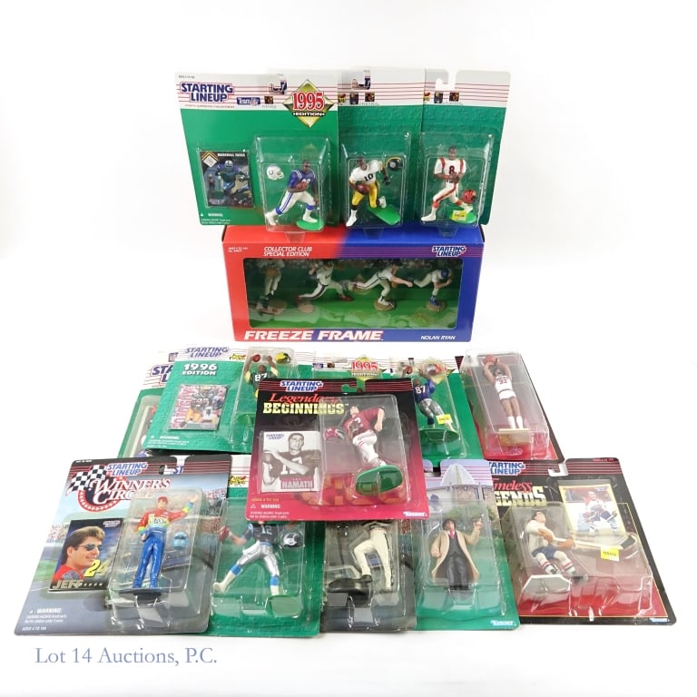 15 Assorted SLU Figures NIP: Variety of Starting Lineup figures all in their original and unopened packages. The 1995 football edition includes Scott Mitchell, Marshall, Faulk, and Ben Coates. The 1996 football edition is