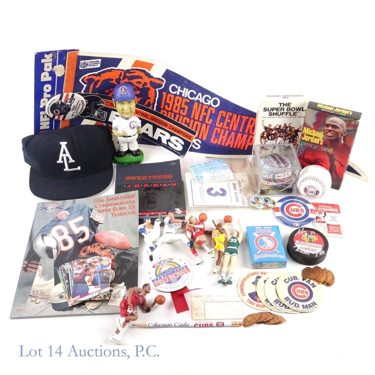 Chicago Sports Collectibles Collection: 1985 Chicago Bears Central Division pennant, pinback button, and bumper sticker. Pennant has two small holes. It appears these three items were sold as a unit. ***** Chicago Bears 10th anniversary