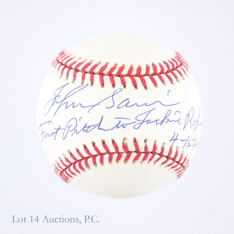Johnny Sain Signed "1st Pitch to Jackie" Baseball: *** Per consigner, signature gathered in person. *** Rawlings official NL baseball with Jackie Robinson 50th anniversary logo from 1997. Signed on the sweet spot by Boston Braves pitcher Johnny Sain,