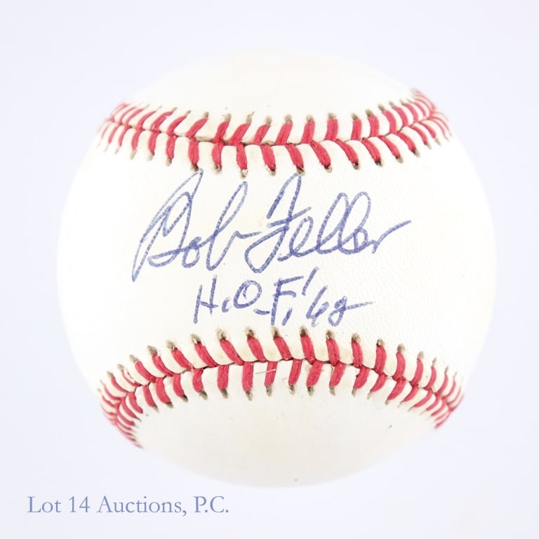 Bob Feller Signed Baseball + Art Ball: Bobby Brown official AL baseball signed on the sweet spot in blue ballpoint ink by Bob Feller (inscribed "H.O.F. '68"). Some toning. Steiner Sports limited edition art baseball celebrating the 50th an