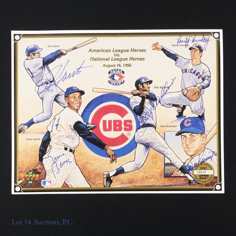 Chicago Cubs Multi Signed Litho: *** This lot is sold "As Is" with no COAs or guarantees. *** 8.5" x 11" 1992 Upper Deck lithograph for American League Heroes vs. National League Heroes (August 16, 1992). The piece is numbered 18825
