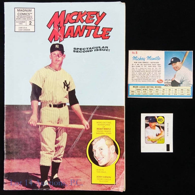 1962 Mickey Mantle Card, 69 Rub Off, More: 1962 Post Cereal baseball card No. 5 Mickey Mantle (hand cut card). Edges appear nice. There appears to be some dirt on the front. ***** 1969 Topps Magic Rub-Offs (Decals) Mickey Mantle. Appears to
