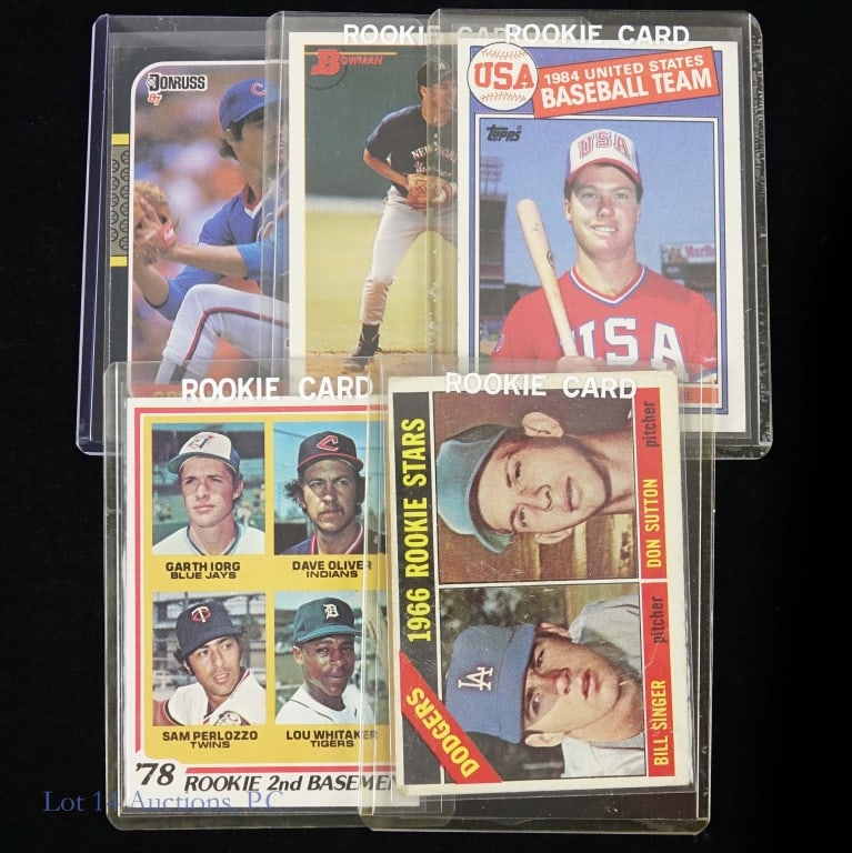 Rookie Baseball Cards (5): Five (5) baseball cards: 1966 Topps #288 Dodgers' Rookie Stars featuring Don Sutton. Four busted corners, rough edges, and surface damage. ***** 1978 Topps #704 Rookie Second Basemen featuring Lou