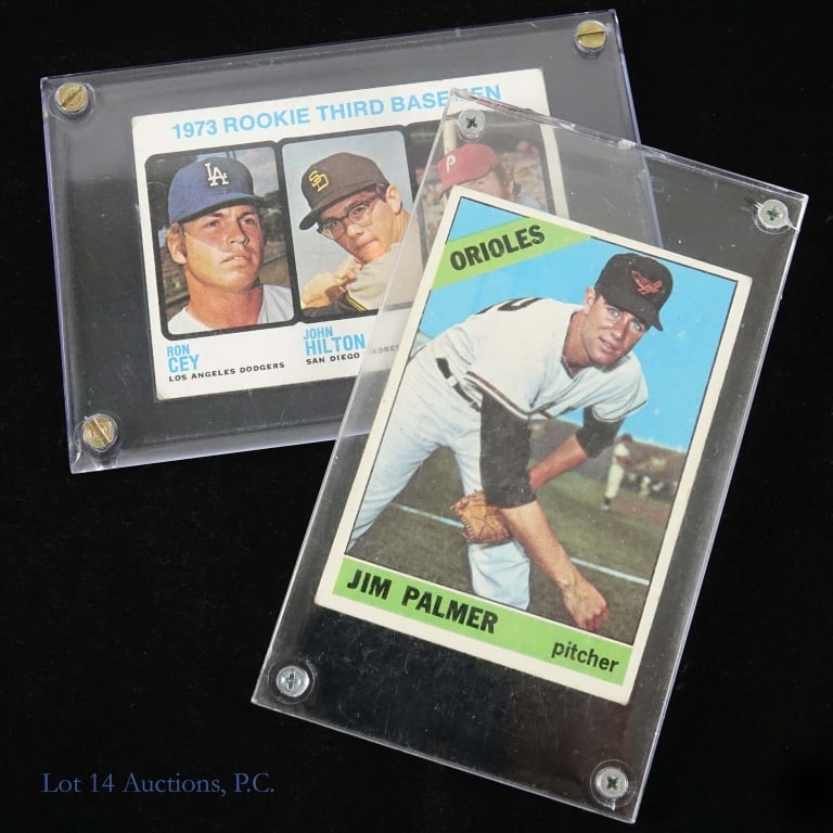Jim Palmer Mike Schmidt Rookie Baseball Cards: Two (2) baseball cards: 1966 Topps #126 Jim Palmer (rookie card). Four busted corners. Slight roughness to right and top edges. Uniform light aging on back. ***** 1973 Topps #615 Rookie Third Basemen