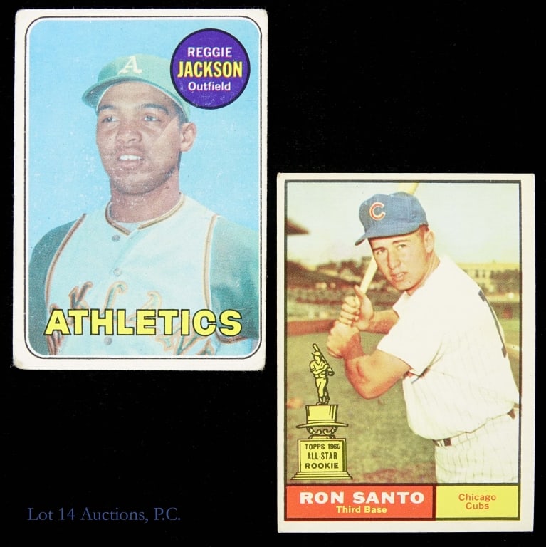 Reggie Jackson Ron Santo Rookie Baseball Cards: Two (2) baseball cards: 1961 Topps #35 Ron Santo (rookie card). Two busted top corners with slight fold along side edge near lower left corner. Slightly off-center. ***** 1969 Topps #260 Reggie
