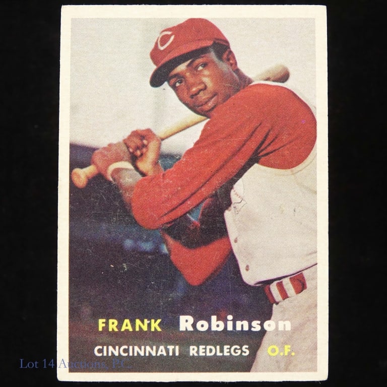 1957 Topps Frank Robinson Baseball Card [RC]: 1957 Topps #35 baseball card - Frank Robinson (rookie card). Corners are imperfect, but above average in condition. Some roughness on the edges. Some dirt. Above average centering. Dimensions
