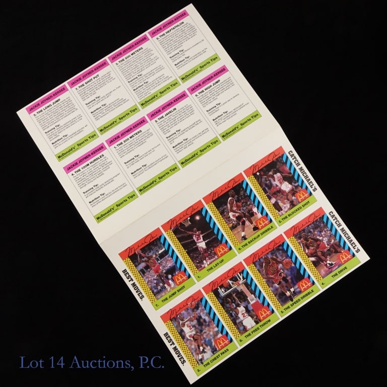 Michael Jordan 1990 McDonald's Uncut Sheet 8 Cards: This is a true uncut sheet of McDonald's Sports Tips cards issued in 1990. This set includes eight Michael Jordan cards and eighth Jackie Joyner-Kersee cards that have never been cut or separated.