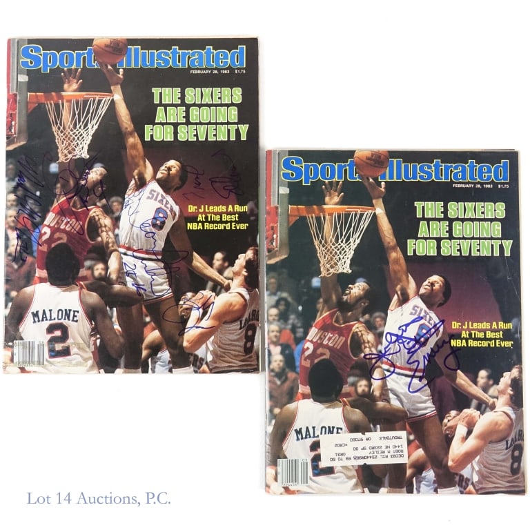 2 Julius Erving Signed Sports Illustrated: Two Sports Illustrated magazines, both dated February 18, 1983. One issue has been signed by Julius Erving while the other issue appears to have multiple signatures that we cannot decipher. Both