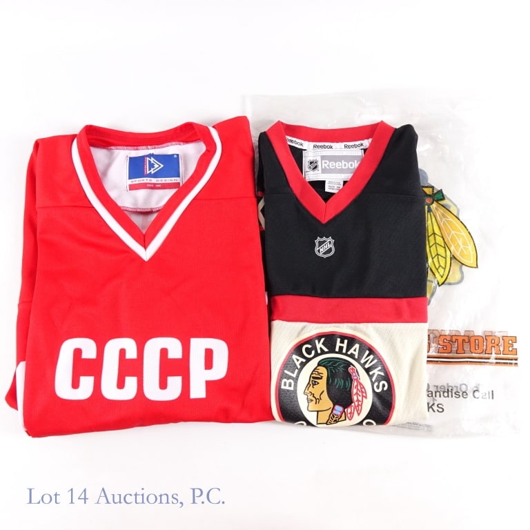 Russian & Signed Blackhawks Hockey Jerseys: Two (2) ice hockey jerseys: Kait Sport Sports Design USSR (CCCP) red ice hockey jersey - Vladislav Tretiak. Size 52. Reebok youth (S/M) Chicago Blackhawks throwback jersey. Tags still attached. No