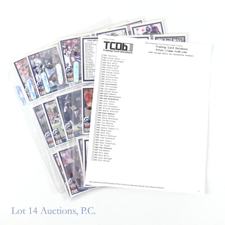 1999 Chicago Bears Card Set (Partial, Signed): *** Per consigner, all autographs gathered in person. No other COA. *** A nearly complete (39/45 cards) set of 1999 Chicago Bears Fan Convention trading cards. Of the 39 cards present, 38 are autograp