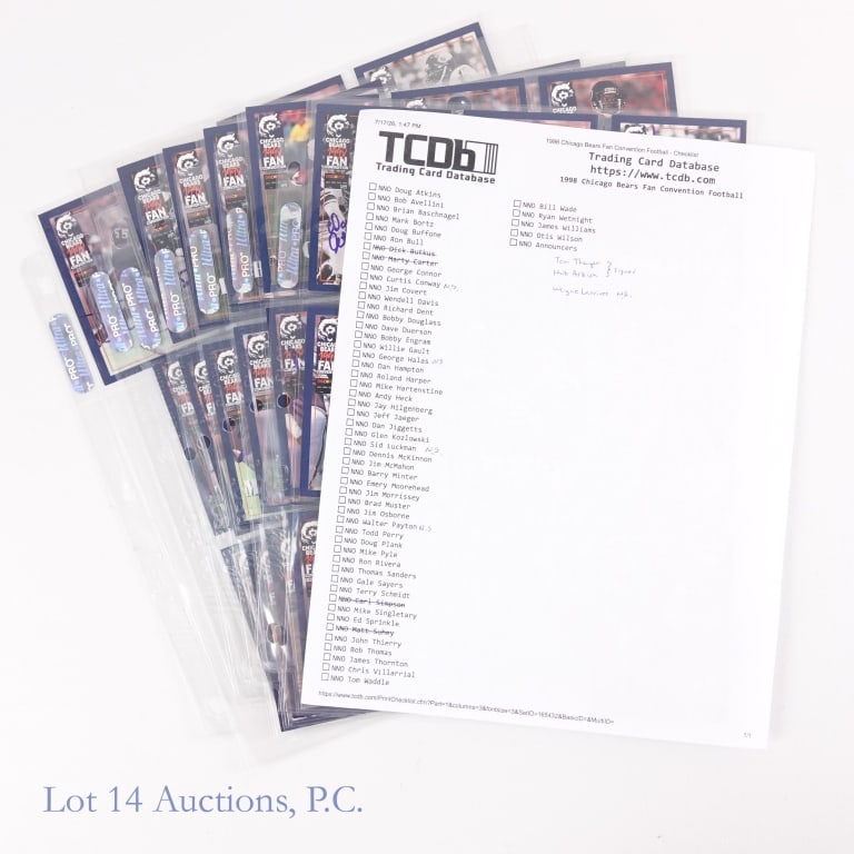 1998 Chicago Bears Card Set (Partial, Signed): *** This lot is sold "as is" with not COAs or guarantees. *** A nearly complete (52/56 cards) set of 1998 Chicago Bears Fan Convention trading cards. Of the 52 cards present, 48 are autographed.