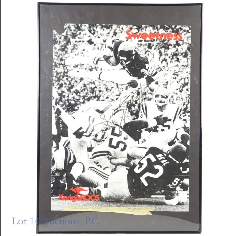 Walter Payton Signed Kangaroos Poster NO COA: Older Kangaroos poster signed by Walter Payton. The signature was penned with a black marker and includes the inscription "Sweetness". The poster is in rougher condition with a top of the left hand
