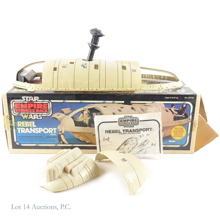 Star Wars TESB Rebel Transport + Box Most Comp.: Complete 1982 Kenner Star Wars: The Empire Strikes Back Rebel Transport in blue box. Nearly complete - missing one of the two rear guns and three of the four gas masks. Does come with original 5