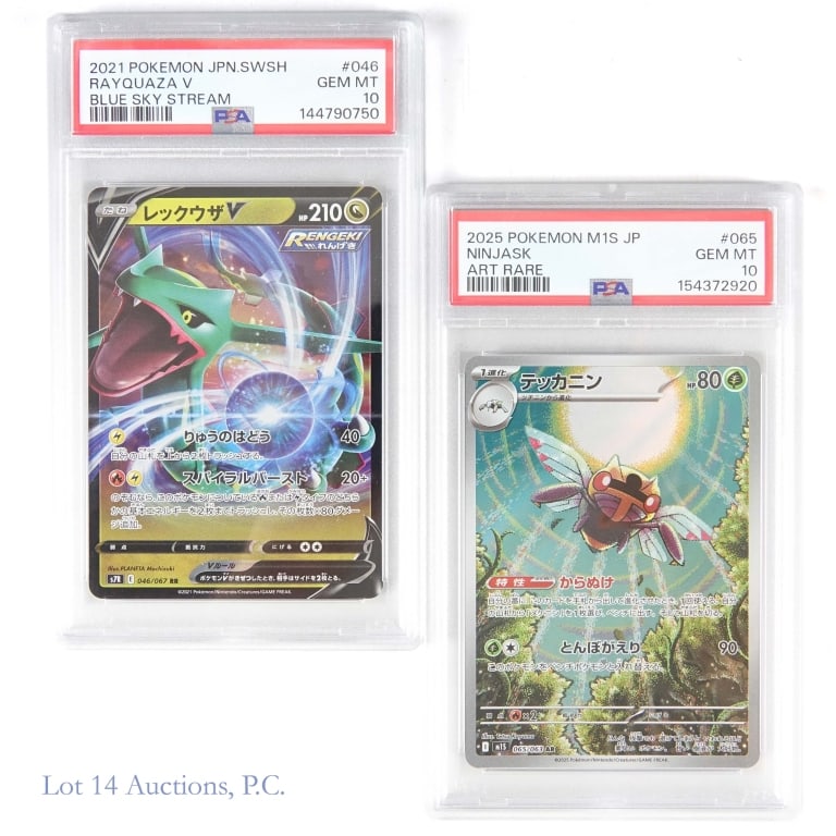 PSA 10 Japanese Pokemon Cards (2): 1 - PSA 10 2021 Japanese Rayquaza V #46 / 67 from Sword & Shield. 2 - PSA 10 2025 Japanese Ninjask Art Rare #65 / 63. Both cards verified on PSA's website