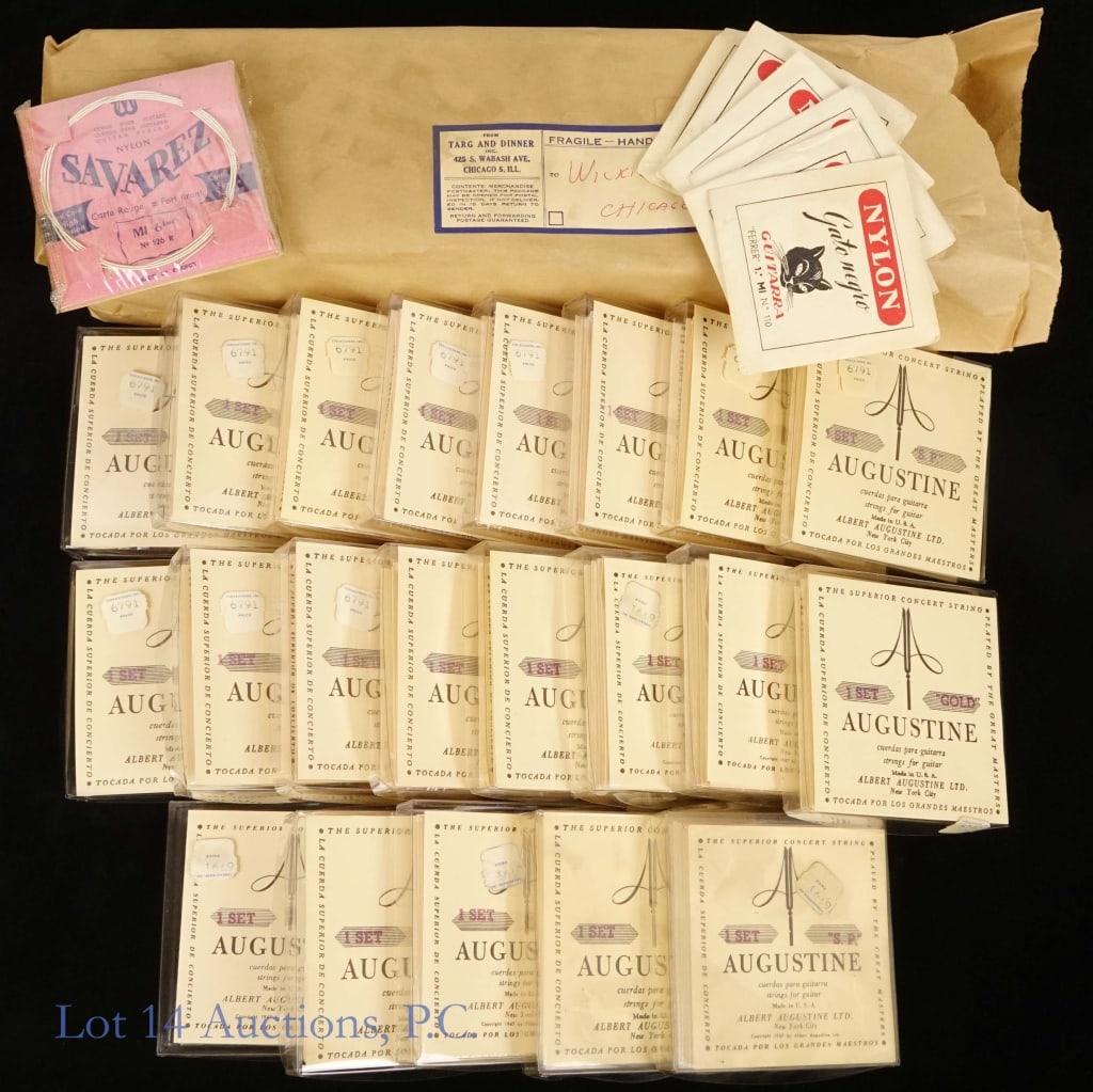 Augustine Classical Guitar Strings NIB (+20): Augustine Classical Guitar Strings NIB (+20). Lot of over 20 New In Box Augustine "Gold" classical guitar strings. Items are believed to be from the early 1960's. Original shipping packaging from