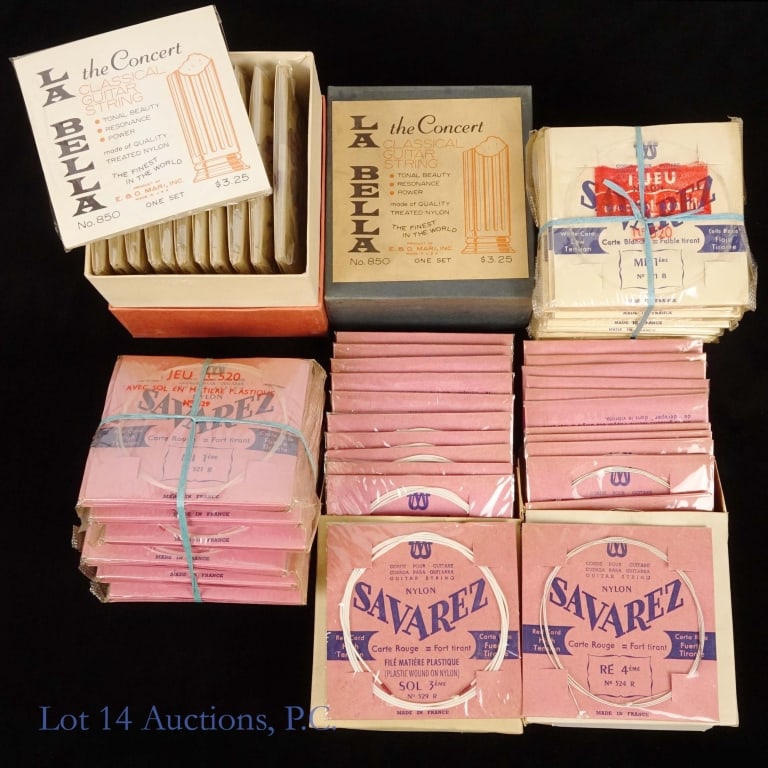 La Bella, Savarez Guitar Strings NIB (24): La Bella, Savarez Classical Guitar Strings NIB (24). Lot of 24 New In Box / New In Package Savarez Carte Blanche, Carte Rouge and La Bella .850 classical guitar strings. Items are estimated to be