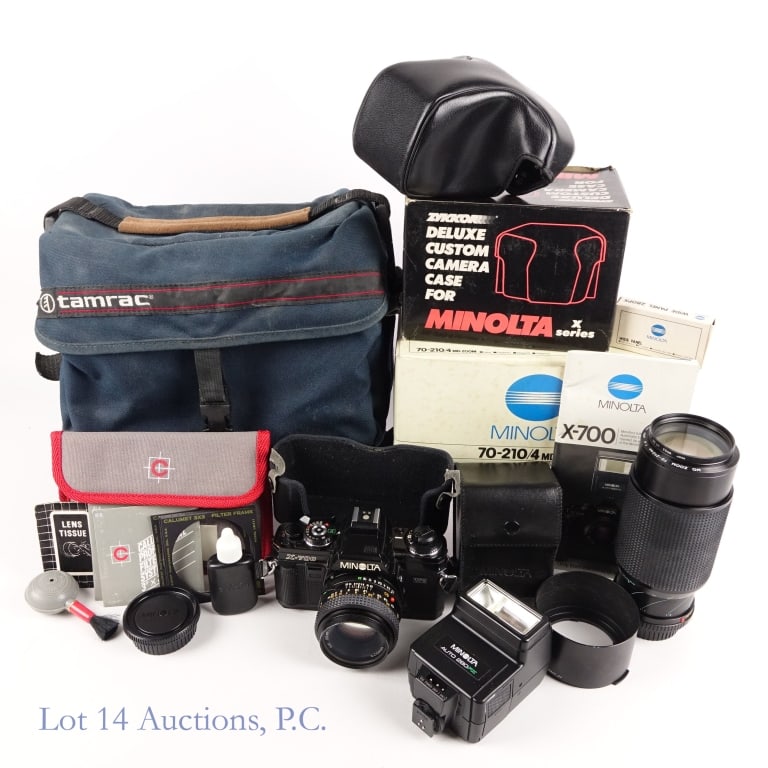 Minolta X-700 Camera, Lenses, Flash, Bag: Minolta X-700 camera with original Minolta leather hard case *** Minolta 50mm 1:1.7 lens *** Minolta 70-210mm/4 MD Zoom lens in original box *** Minolta Auto 280PX *** Tamrac camera bag.