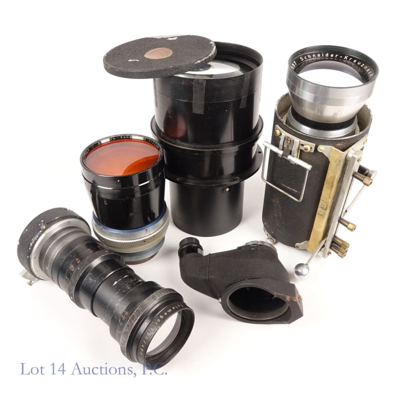 Military / Air Force Grade Lenses (5): 1 - British Military Broad Arrow marked 36 in, F / 6.3 lens. Lens cap marked Burke & James Inc. 2 - Zeiss Ikon Flektoskop reflex housing, designed for viewing through a lens at a right angle. 3 - Schn