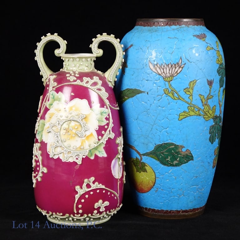 Two Stylized Japanese Vases (Cloisonne, Moriage): Two Japanese vases using specific stylizations. The first is a blue cloisonne vase with a diameter of approximately 4.25" and a height of approximately 7.25". The second is a burgundy moriage style