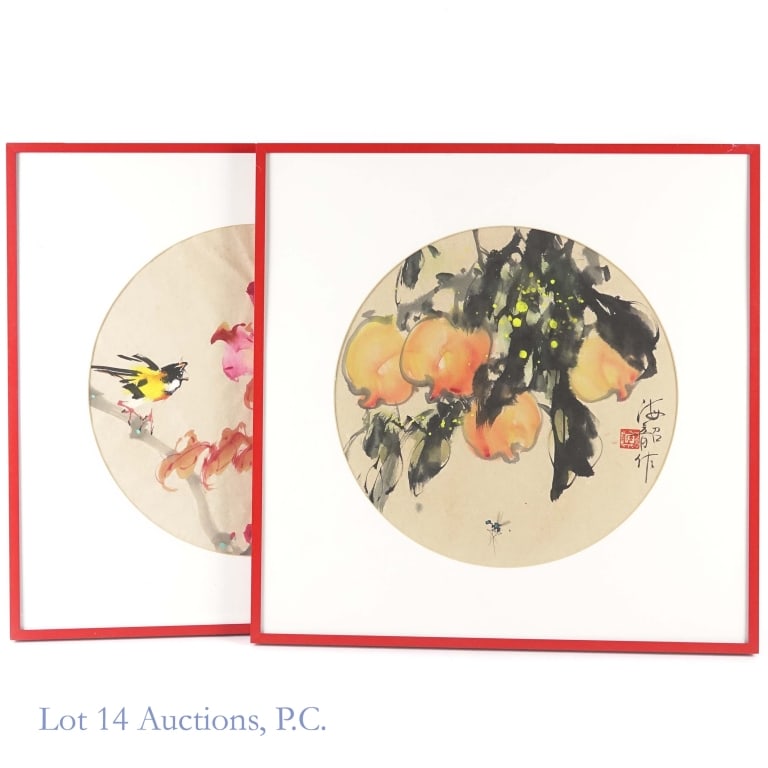 Pair of Ink Wash Nature Paintings: Two East Asian style ink wash on paper paintings, one depicting a yellow and black bird by a pink flower, and the other a group of fruit on a tree. Each is in a frame measuring 20.25 x 20.25".
