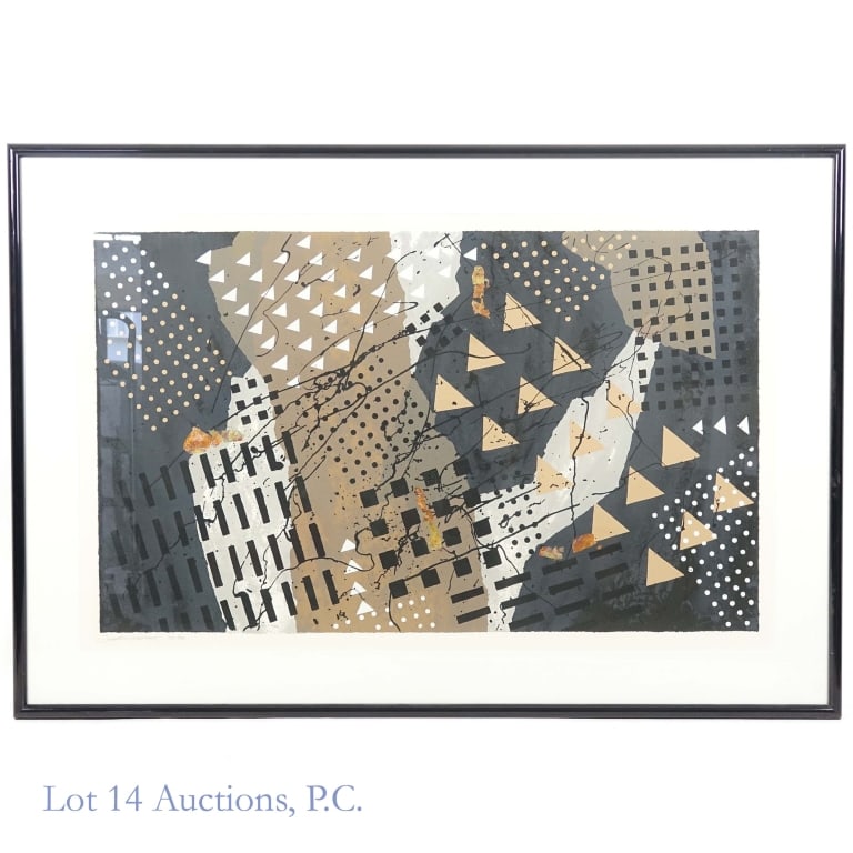 Frank Rowland Geometric In The Shadows Signed: LOCAL PICK UP OR THIRD PARTY SHIPPING ONLY. Frank Rowland print - "In The Shadows" Signed, numbered, limited edition.# 102 / 200. Approximately 24.5 x 40" visible art. Frame is in fair condition and