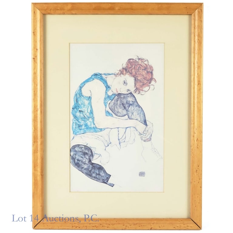 Egon Schiele "Seated Woman With Bent Knee" Litho: Lithograph print of "Seated Woman With Bent Knee" by Egon Schiele ((Austrian, 1890-1918). Frame measures approximately 15.5 x 11.75".
