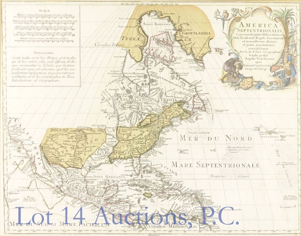 Tobias Conrad Lotter America Septentrionalis Map: 1770 Map of North America by Tobias Conrad Lotter (1717-1777) entitled "America Septentrionalis : concinnata juxta observationes Dn~n Academiae Regalis Scientiarum et nonnullorum aliorum, et juxta