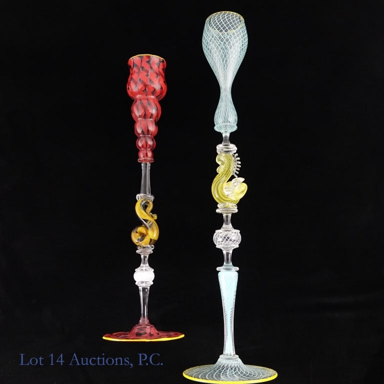 Two Chuck Savoie Venetian Art Glass: LOCAL PICKUP OR THIRD PARTY SHIPPING ONLY. Two large art glass goblets by glass artist Charles "Chuck" Paul Savoie, both signed on the base. The smaller goblet is done in red and yellow and measures