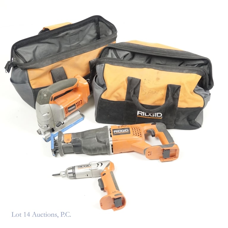 Ridgid Power Tools, Chargers (NO Batteries): Three Ridgid power tools, two bags, and two chargers. NO batteries are included. 18V. Ridgid R8433 jigsaw. 18V / 24V Ridgid R884 Sawzall. Ridgid 9.6V R81030 1/4" Hex Coupler Screwdriver. Two Ridgid