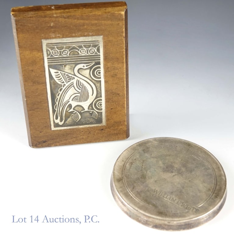 Weighted Silver Medallion & Desk Decor: Weighted silver medallion, possibly a coaster or paperweight. Inscribed with the name William P. White. No hallmarks indicating silver content, but passed acid test. Has a diameter of approximately