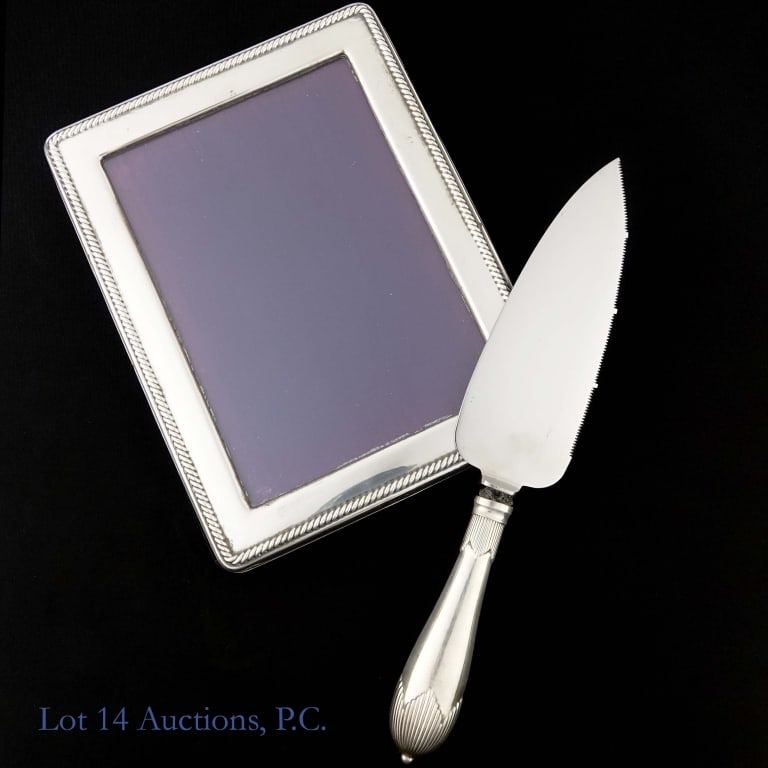 Sterling Silver 1995 P.J. Panton Frame Hunt Server: Sterling silver picture frame made by P. J. Panton, Birmingham England (See Hallmarks) in 1995 is approximately 8.5" x 6.5". Cake / Pie server made by Hunt Silver with sterling silver handle, but