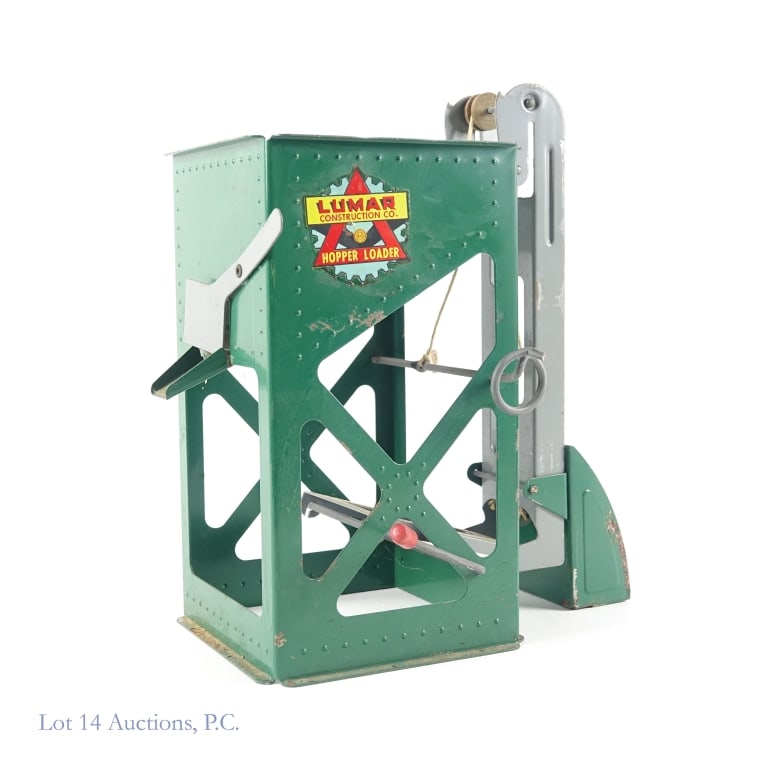 1950s Marx Lumar Hopper Loader: 1950s green Marx Toys Lumar Hopper Loader. Some wear. Elevator still moves upward, but does become stuck when it is time to travel downward. Some oxidation but overall nice condition.