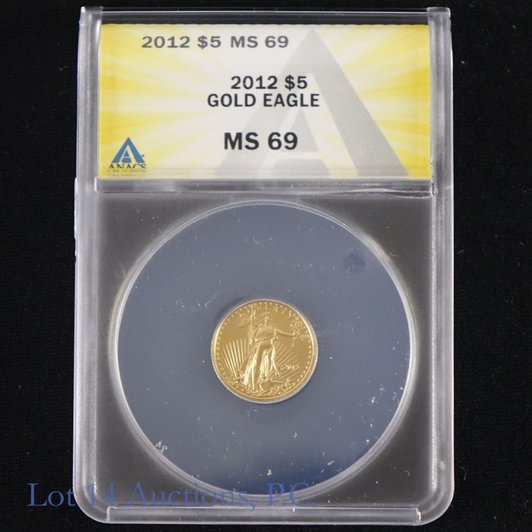 2012 (P) US $5 Gold Eagle Bullion (ANACS MS 69): 2012 (P) United States 91.67% $5 gold eagle 1/10 oz. Designer (obverse) Augustus Saint-Gaudens and (reverse) Miley Busiek and Jennie Norris. ANACS graded MS 69. Metal is 91.67% gold and weighs 3.393 g