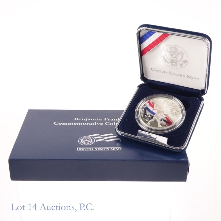2006-P USA Silv. Prf. Franklin $1 "Scientist" Ver.: 2006-P United States silver proof DCAM Benjamin Franklin "scientist" commemorative dollar (Philadelphia Mint) in OGP with COA. Metal is 90% silver (ASW 0.7734 ozt.). Mintage 142,000. *** Lot 14 Auctio