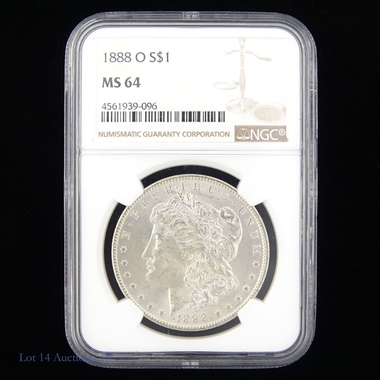 1888-O US Silver Morgan Dollar (NGC MS64): 1888-O United States silver Morgan dollar (New Orleans Mint). NGC graded MS64. Metal is 90% silver. Mintage is 12,150,000. Greysheet wholesale price guide value graded at MS-64 is $130. ***Lot 14 Auct