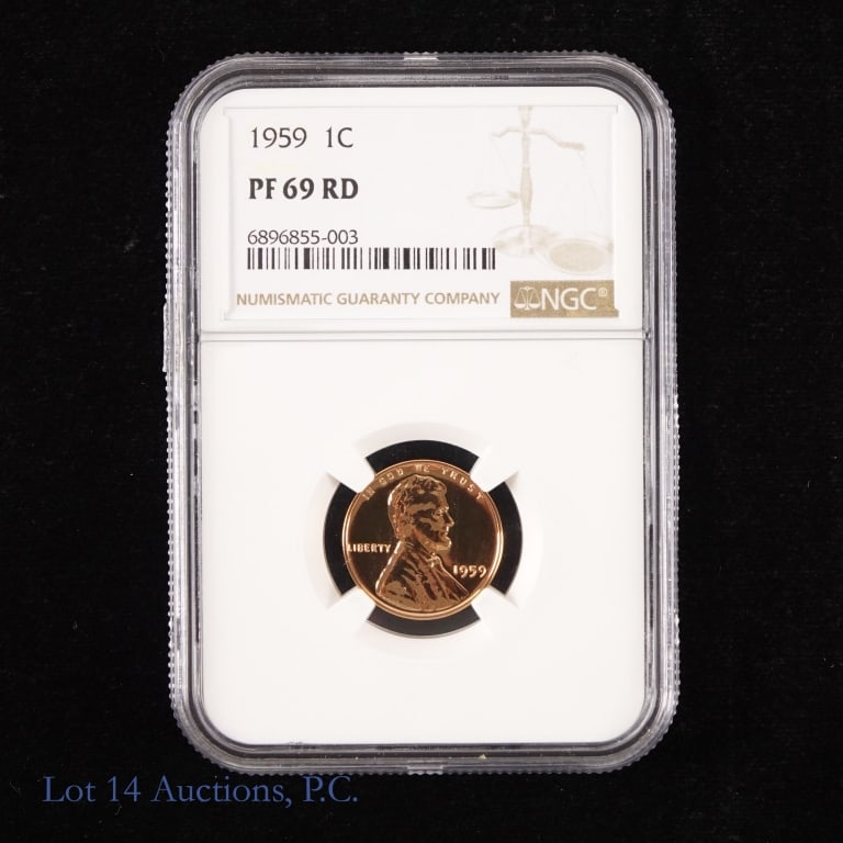 1959 US Lincoln Memorial Cent (NGC PF 69 RD): 1959 (P) United States Lincoln memorial cent (Philadelphia Mint). NGC graded PF 69 RD. NGC serial number confirmed by Lot 14 Auction staff. NGC price guide value is $375 and PCGS price guide value is 