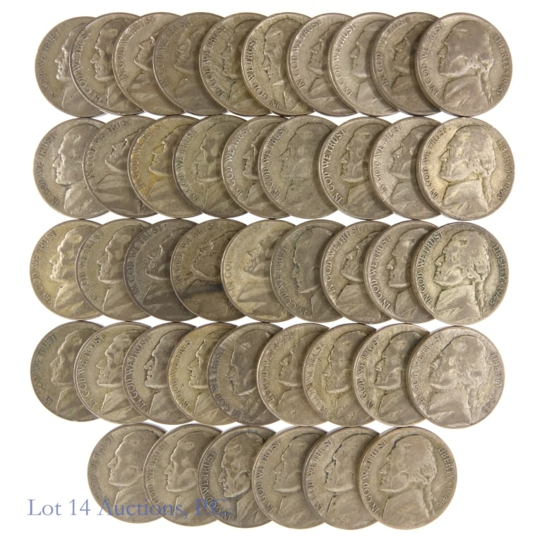 1942-1945 US 35%-Silver Jefferson WW2 Nickels, 43: Forty-three (43) 1942 - 1945 United States 35%-silver Jefferson World War II nickels. Have large mint mark on reverse. Per consigner, all culls have been removed. Lot estimated ASW is 2.4 troy