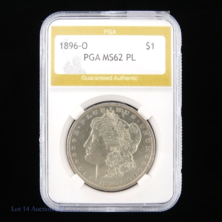 1896-O Silver Morgan Dollar: 1896-O United States silver Morgan dollar (New Orleans Mint). PGA slabbed MS62 PL. Metal is 90% silver (ASW = 0.77 ozt). Mintage 5 million. Silver content confirmed on Lot 14 Auctions electronic