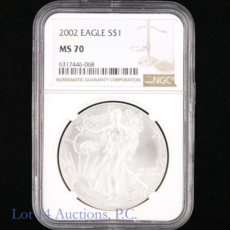 2002 (P) American Silver Eagle $1 (NGC MS70): 2002 American silver eagle bullion dollar coin (Philadelphia Mint. NGC graded MS 70. Metal is 99.93% silver (ASW 0.993 ozt.) Greysheet wholesale price at MS70 is $150. *** Lot 14 Auctions is not a